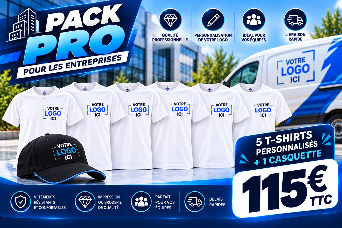 Pack Pro — 5 T-Shirts + 1 Casquette Personnalisés