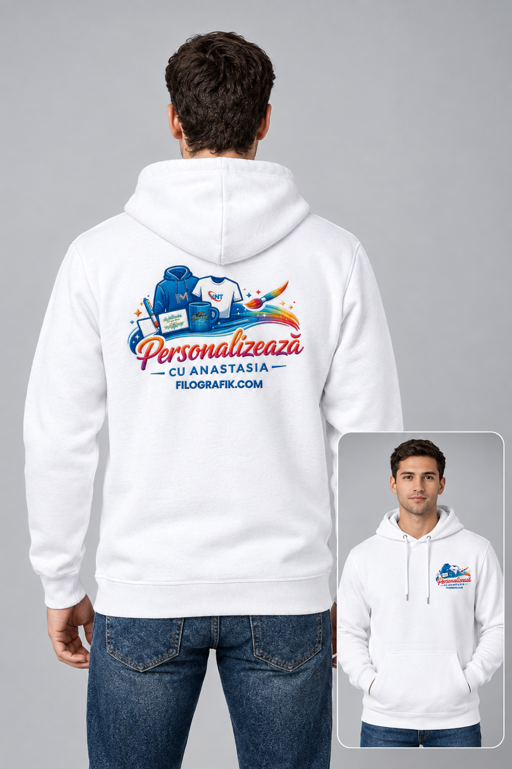 Simulation JH001 blanc porté, logo brodé sur poitrine gauche et dos