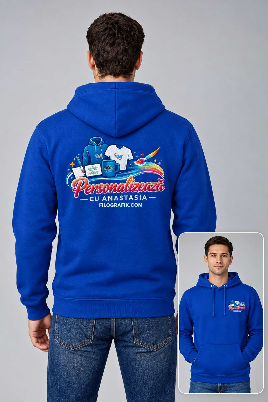 Simulation JH001 royal blue porté, logo brodé sur poitrine gauche et dos