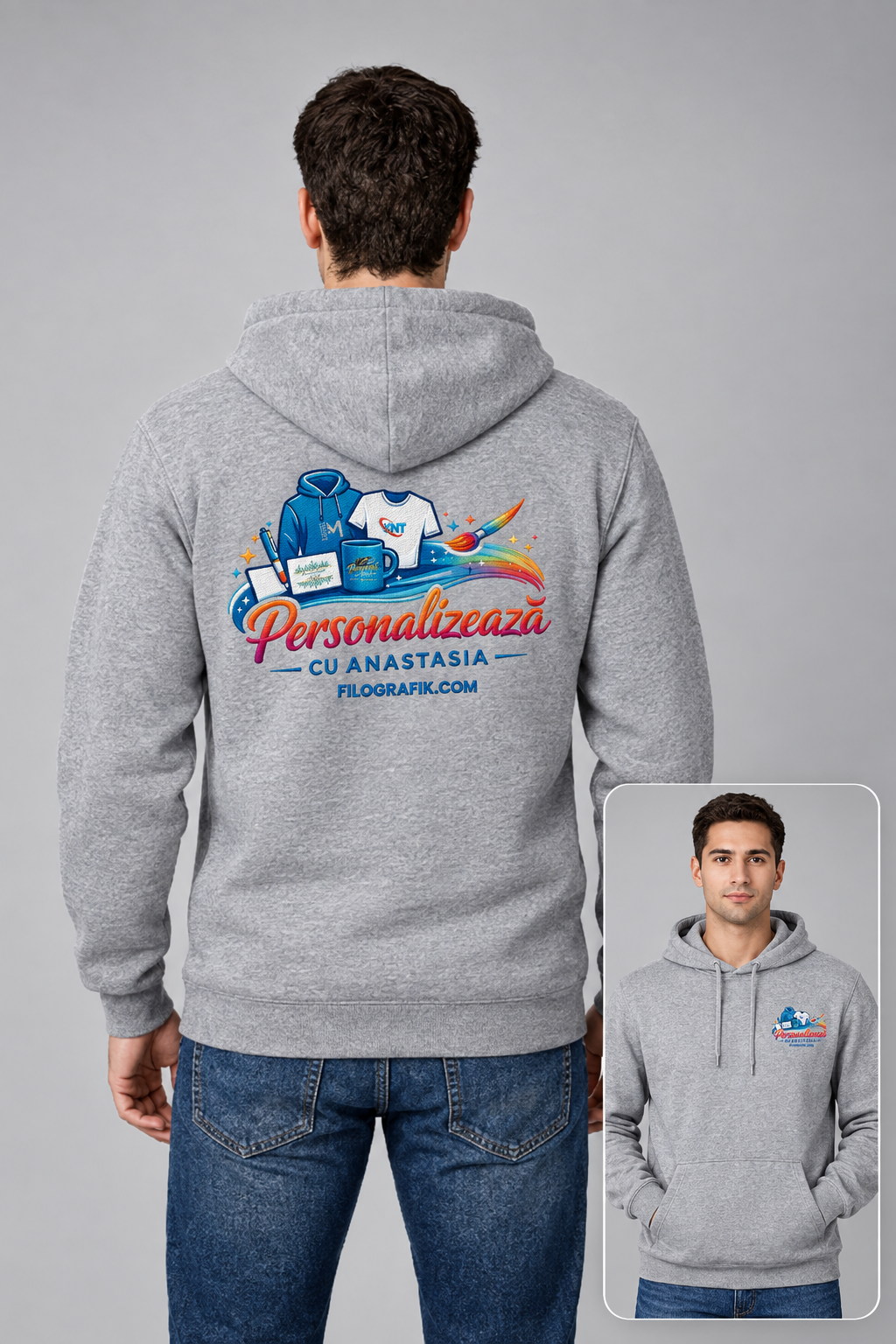 Simulation JH001 heather grey porté, logo brodé sur poitrine gauche et dos