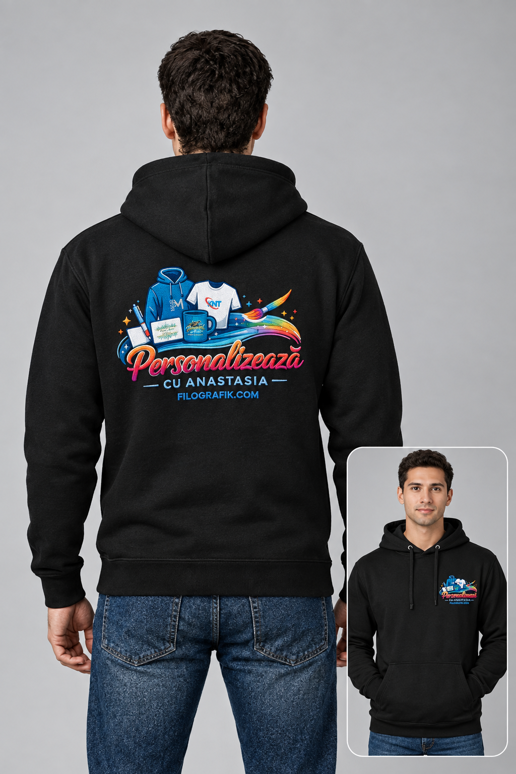 Simulation JH001 noir porté, logo brodé sur poitrine gauche et dos