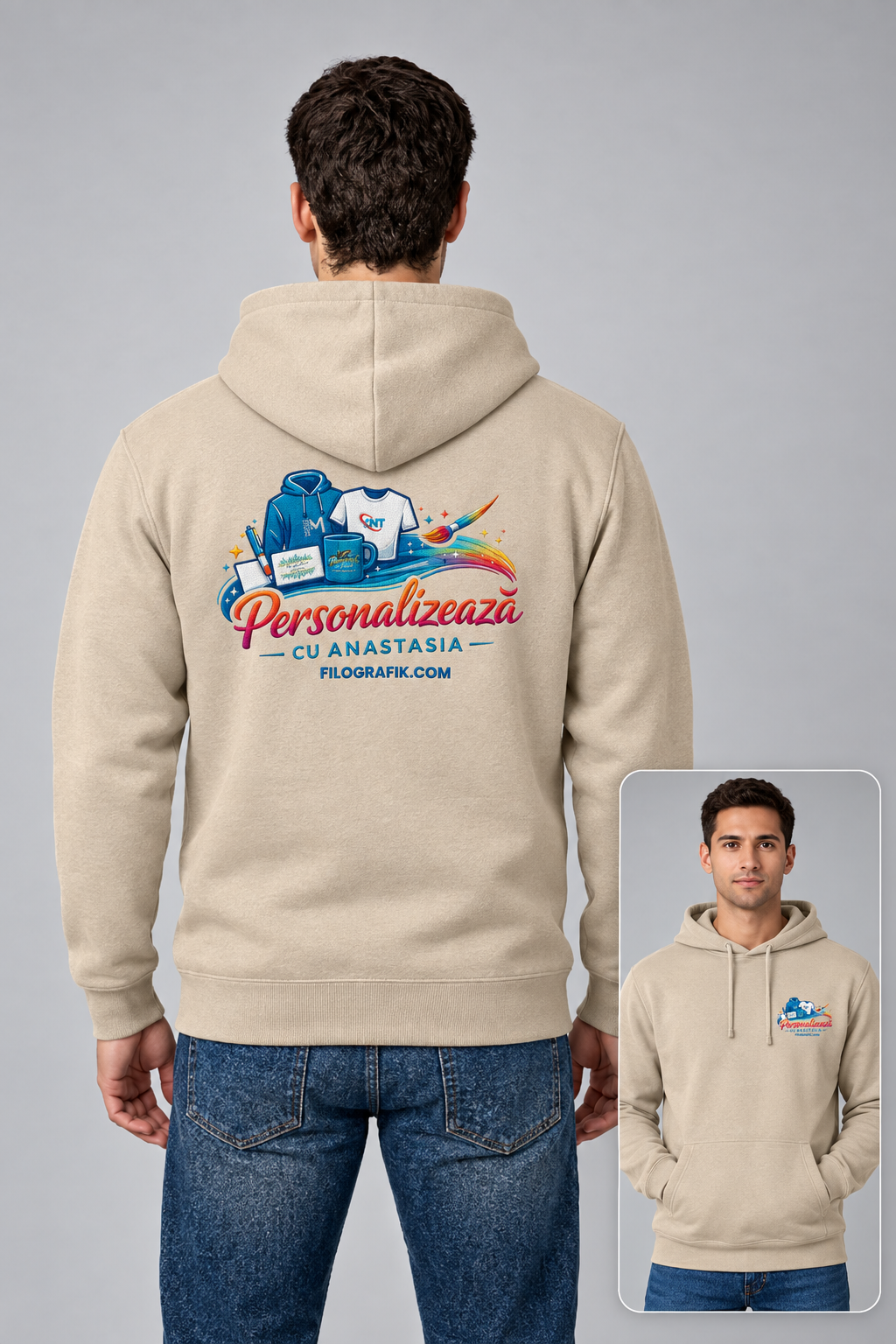 Simulation JH001 sable porté, logo brodé sur poitrine gauche et dos