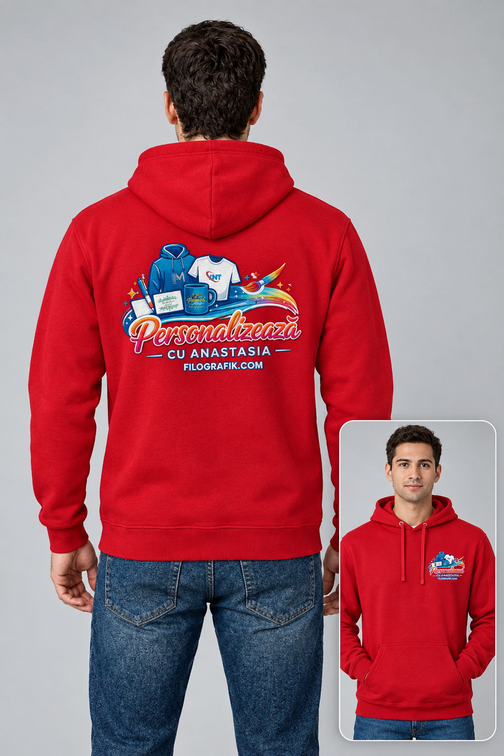 Simulation JH001 rouge porté, logo brodé sur poitrine gauche et dos