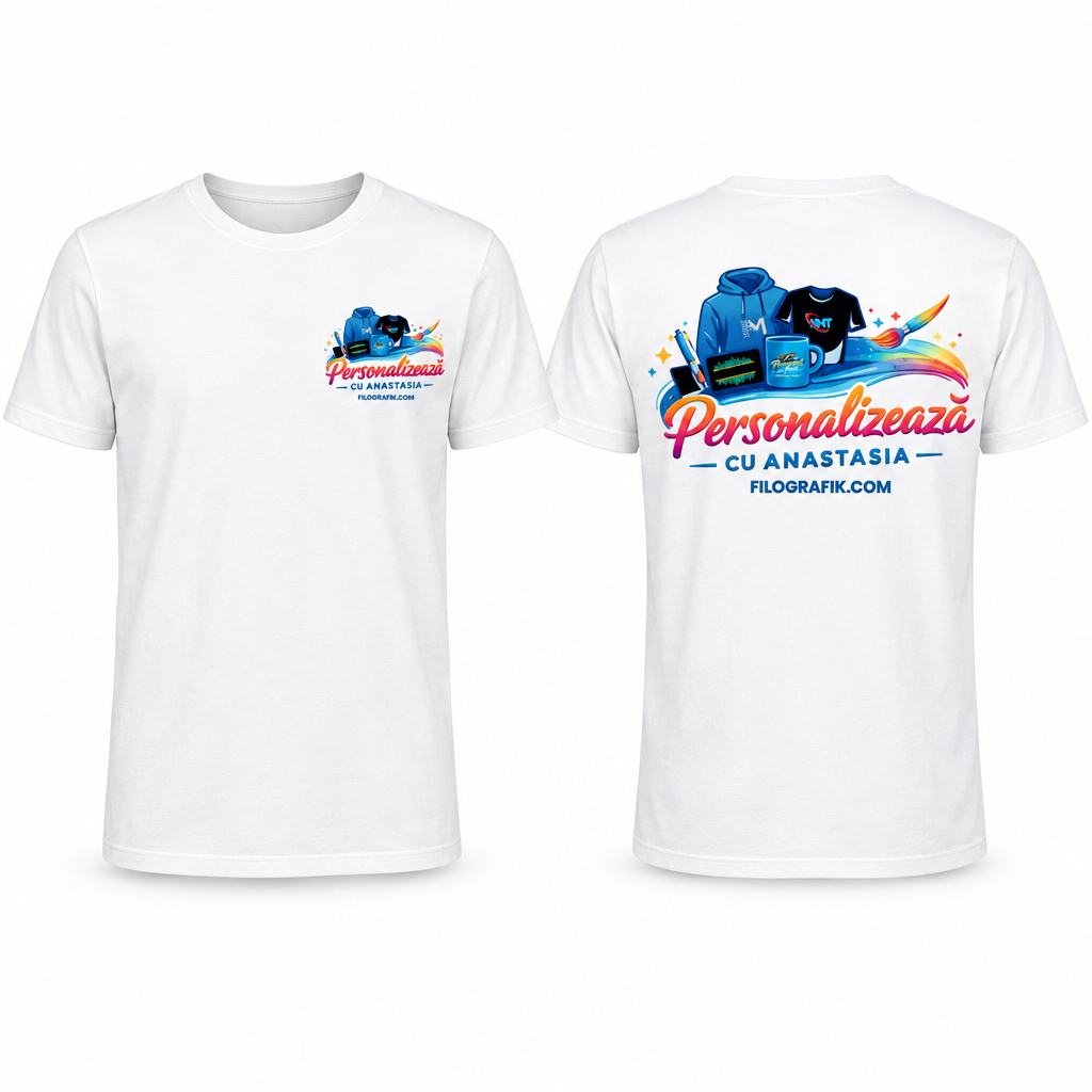 Tricou alb cu logo, față și spate