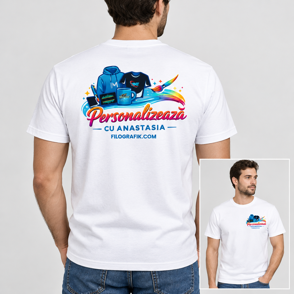 Tricou alb purtat, spate mare și față în cadru mic