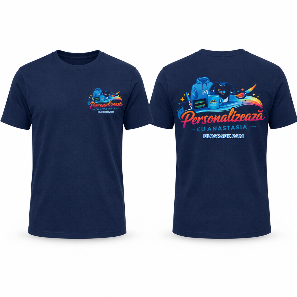 Tricou bleumarin cu logo, față și spate