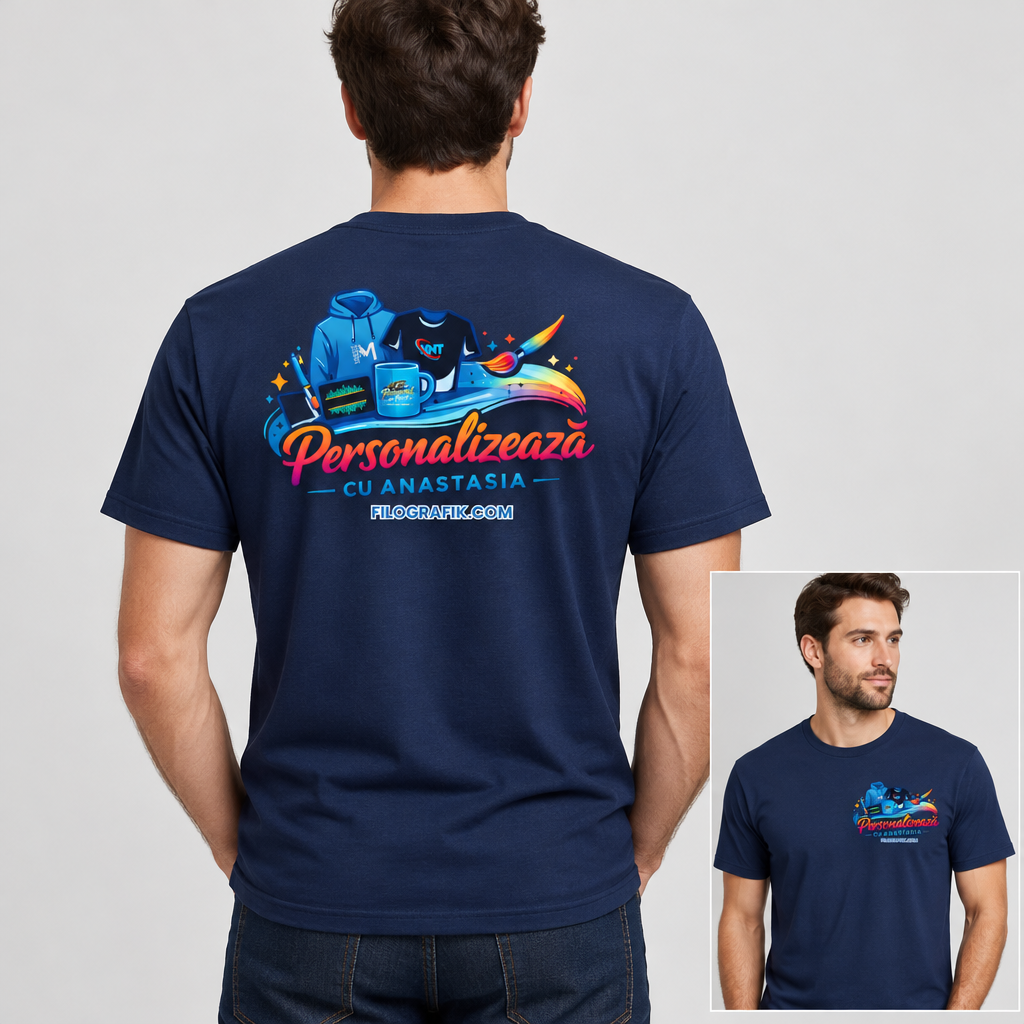 Tricou bleumarin purtat, spate mare și față în cadru mic