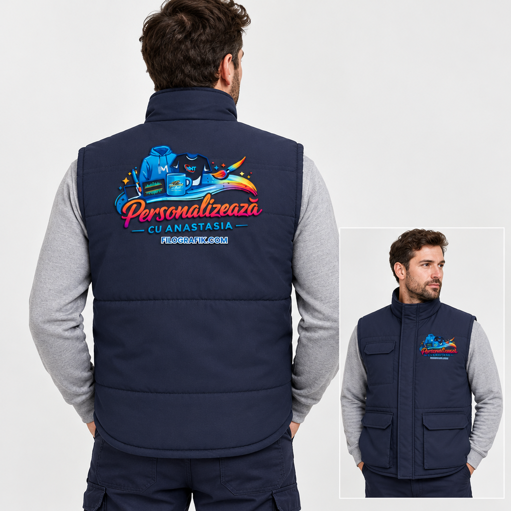 Vestă Velilla navy purtată, cu logo piept și spate